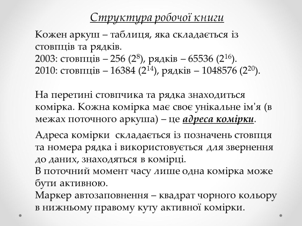 Структура робочої книги Кожен аркуш – таблиця, яка складається із стовпців та рядків. 2003: